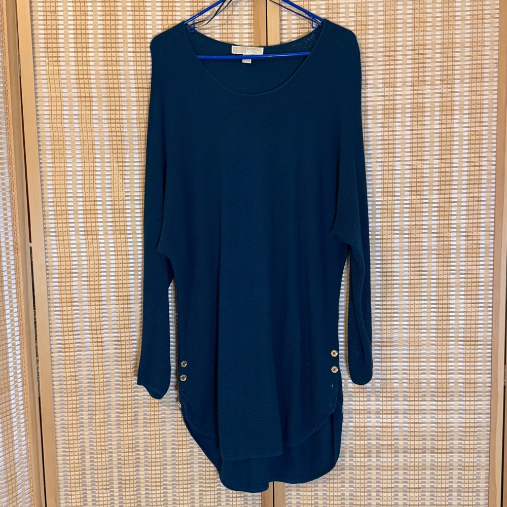 Michael Michael Kors Teal Waffle Knit Tunic Sweater Gold Button XL Bohemian